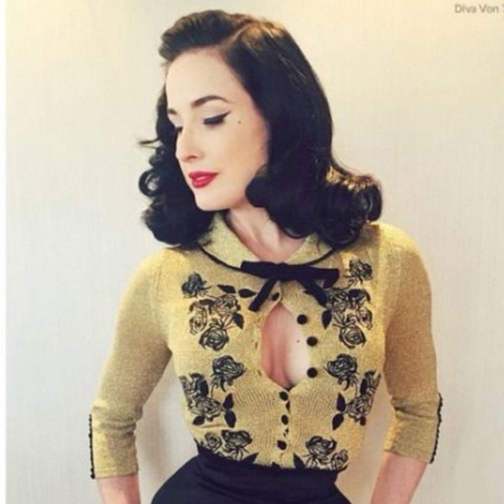 Rare Retired Dita Von Teese Wheels & Dollbaby Gold Black Vintage Retro Cardigan